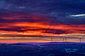  Sunrise with view of Rauher Kulm in the Upper Palatinate Forest, view from the Hohenmirsberger Platte observation tower, Hohenmirsberg, Franconia, Bavaria, Germany 