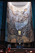 Our Lady of Arantzazu, Apse and altarpiece by Lucio Muñoz, Aranzazu sanctuary, Oñati, Gipuzkoa, Basque Country, Spain, Europe                               
