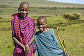  Portrait of two Maasai children, Tanzania, East Africa, Africa 