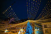 Altstädter Ring mit Weihnachtsbaum und Lichterketten bei Nacht, Stadt Neuchâtel (Neuenburg), Kanton Neuchatel (Neuenburg), Schweiz.