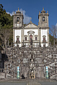  Steps lead up to the Sanctuary of Nossa Senhora de Peneda. Several stone figures adorn the stairs, Gavieira, Viana do Castelo, Portugal 