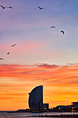 Sunset at Barceloneta Beach, In the background Hotel W, Barcelona, Catalonia, Spain.