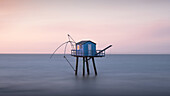  View of a blue fisherman&#39;s house at sunset, Carrelet, Pornic, Loire-Atlantique, Pays de la Loire, Brittany, France 
