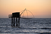  View of a blue fisherman&#39;s house at sunset, Carrelet, Pornic, Loire-Atlantique, Pays de la Loire, Brittany, France 