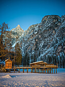  Boat dock at Lake Braies after sunset, Braies, Bolzano, South Tyrol, Italy, Alps, Dolomites, Southern Europe, Europe 