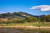  Canoes and cattle on the banks of the upper Mekong, Bhan Khok Aek, Hongsa, Sainyabuli, Laos, Asia 