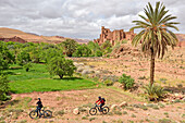 Riders on mountain bike with electric assistance in front of the Ksar of Tamedakhte, Ounila River valley, Ouarzazate Province, region of Draa-Tafilalet, Morocco, North West Africa