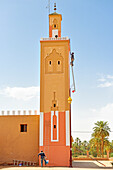Painters working on the minaret of the Sufi Zawiya in the city of Tamegroute, Draa River valley, Province of Zagora, Region Draa-Tafilalet, Morocco, North West Africa