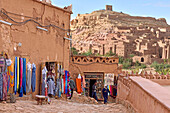 Tourist shops on the opposite bank of  Ksar of Ait-Ben-Haddou, Ounila River valley, Ouarzazate Province, region of Draa-Tafilalet, Morocco, North West Africa