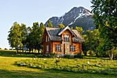 Wooden house by the Lyngen fjord,Solvik Gard,Lyngseidet,Lyngen Alps,region of Lyngen,County of Troms,Norway,Northern Europe