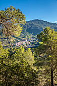 Blick auf das Bergdorf Estellencs, Serra de Tramuntana, Mallorca, Balearen, Spanien