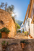 Steile Gasse im Bergdorf Banyalbufar, Serra de Tramuntana, Mallorca, Balearen, Spanien