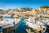  Boats in the harbor of Port de Soller, Mallorca, Balearic Islands, Spain 