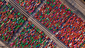 Aerial View of Long Island port harbor, in Los Angeles, USA.