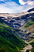 Beautiful Mountain Alp Grüm with Glacier in a Cloudy Summer Day in Poschiavo, Bernina, Grisons, Switzerland.