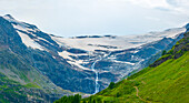 Beautiful Mountain Alp Grüm with Glacier in a Cloudy Summer Day in Poschiavo, Bernina, Grisons, Switzerland.