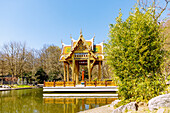  East Asian Ensemble with Japanese Garden and Thai Sala with Buddha Statue, Westpark, Munich, Bavaria, Germany 