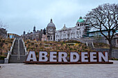 Aberdeen Scotland, Aberdeen sign, statue of WIlliam Wallace and His Majesty's Theatre