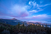 Morgendämmerung am Aussichtspunkt Mirador de Ayosa mit Blick zum Gipfel des Teide, Caldera im Teide Nationalpark, Teneriffa, Spanien