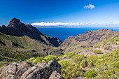 Blick über die Berghänge der Schlucht 'Barranco de Masca', Naturpark Teno-Gebirge, bei Santiago del Teide, Nordwestküste, Teneriffa, Spanien