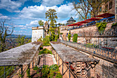  Historic castle terrace with a view, surrounded by lush greenery and a clear sky, Wernigerode, Saxony-Anhalt, Germany 