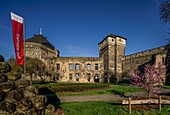  Andernach Castle with town garden and flag, Middle Rhine, Rhineland-Palatinate, Germany 
