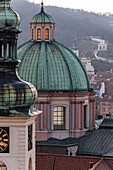 View of the Old Prague areas from the top in misty morning