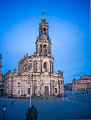  Dresden Court Church at blue hour, Schlossplatz, Old Town, Dresden, Saxony, East Germany, Germany, Europe 