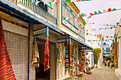  Medina with colorful facades and shops selling woven carpets and bags in Hammamet, Tunisia 