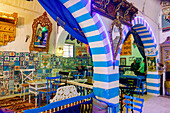  Café Maure chez Hajji with colorful tiles in the Souk Il Balgha in the Medina of Nabeul, Tunisia 