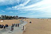 Panoramic view of Santa Monica boardwalk and beach from pier, Los Angeles, USA