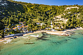  The beach of Soutsini near Kymi seen from the air, island of Euboea or Evia, Greece   