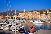  France, Cote d'Azur, Menton, Vieux Port, boats, skyline, 