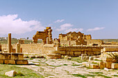  Forum and Temple of Jupiter, Minerva and Juno, archaeological site with the ruins of the Roman Sufetula, in Sbeitla, Tunisia 