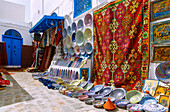  Shop with handicrafts, carpets, and ceramics in the old town of Sidi Bou Said, Tunisia 