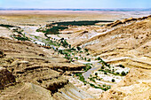 Ausblick vom Aussichtspunkt "Canyon Panorama" auf Palmenoase, Berglandschaft des Saharaatlas und Wüstensteppe bei Tamerza, Tunesien
