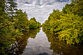  Reflecting water surface of the Saale River with lush trees and cloud cover, Porstendorf, Thuringia, Germany 