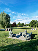  Park with bronze sculpture &quot;Beauty of Man in Nature&quot; by Margret Middell, 1974, Potsdam, Brandenburg, Germany, Europe 
