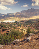 Blick auf Berge und Bergdorf El Burgo, eines der weissen Dörfer 'Pueblo Blancos' in den Bergen der Serrania de Ronda, Malaga, Andalusien, Spanien