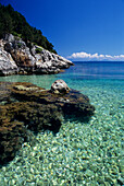 Seaweed clings to rocks in the clear waters of a small cove on the east coast of Kefalonia
