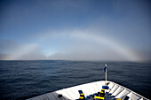  A fog bow can be seen in front of the bow of an expedition cruise ship at sea off East Greenland, East Greenland, Greenland Europe 