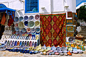  Shop with handicrafts, carpets, ceramics, paintings, in the (Medina) old town of Sidi Bou Said, Tunisia 