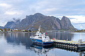  Norway, Moskenes, Reine, autumn, landscape, mountains, boat, view to Hamnoy Bridge 