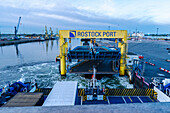  Germany, Rostock, Rostock harbor, morning mood, ferry departing 