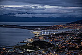  View over the city and the pier from the Arakur Ushuaia Resort at dusk, Ushuaia, Tierra del Fuego, Patagonia, Argentina, South America 
