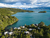  Aerial view of luxury yurt-style tents at Patagonia Camp with Lake Toro and mountains, Torres del Paine, Magallanes and Chilean Antartica, Patagonia, Chile, South America 