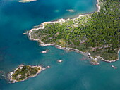  Aerial view of Lapaitia Bay in Tierra del Fuego National Park, near Ushuaia, Tierra del Fuego, Patagonia, Argentina, South America 
