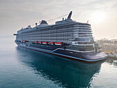  Aerial view of the cruise ship Mein Schiff Relax (TUI Cruises) at the pier of the container port before its maiden voyage, Trieste, Friuli-Venezia Giulia, Italy, Europe 