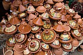 Morocco, Marrakesh, Medina, souk, handicraft shop, shopping, tajine bowls