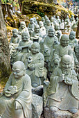 Bouddhist terracotta statuettes of disciples Buddha at Daisho-in Temple, Japanese Buddhist temple complex on Mount Misen, Miyajima island, hiroshima Prefecture, Japan